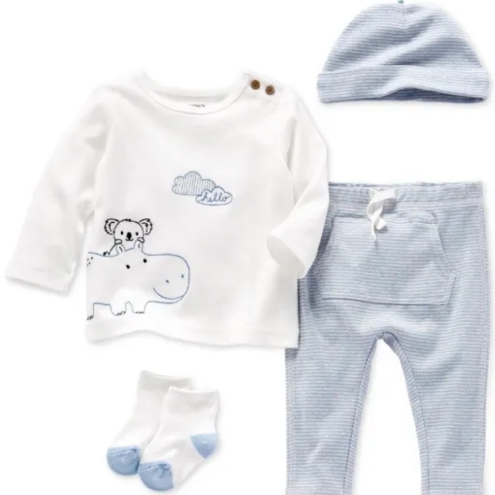 Carters Baby Boy 4-pc Hippo Graphic Cotton Top, Pants, Hat & Socks Set